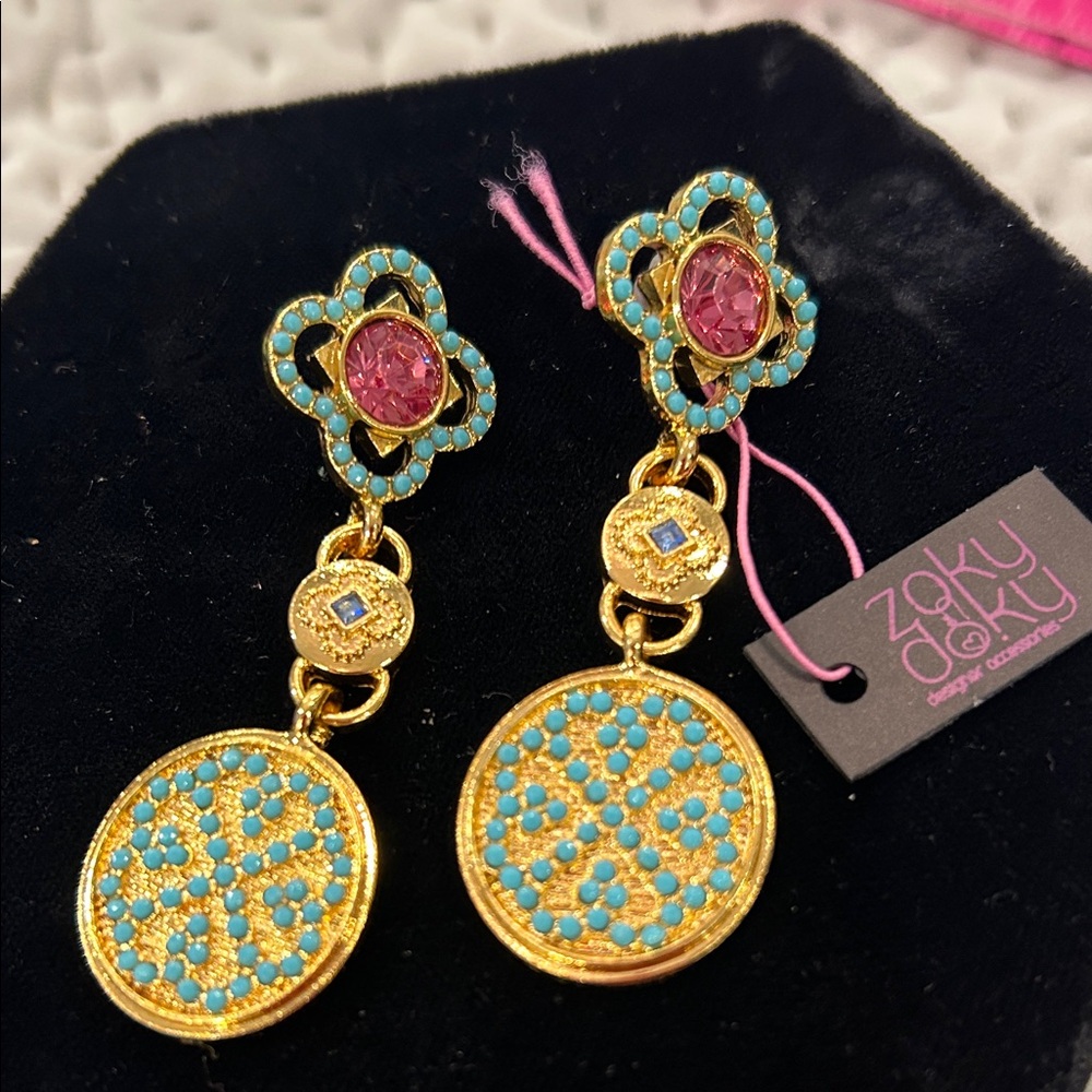 Turquoise,Pink & Gold Statement Medallion Earrings-NWT